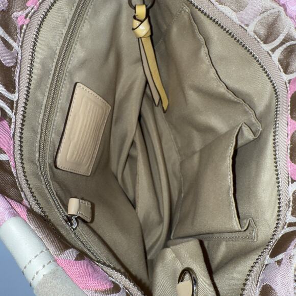 Coach Patchwork Shoulder Bag Pink Tan Multi Fabric Leather Trim 14”x10” - Picture 5 of 7